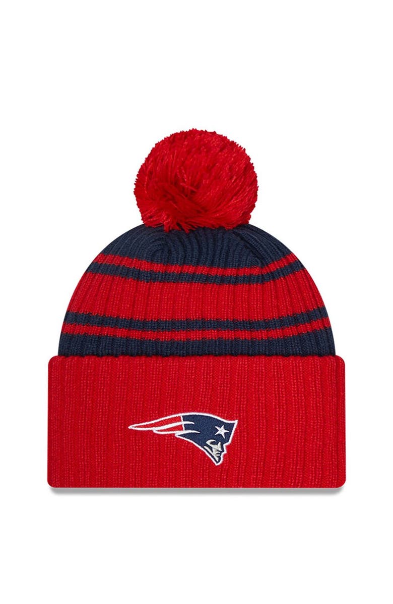 New Era Men's New Era  Navy New England Patriots 2022 Sideline Cuffed Pom Knit Hat, Alternate, color, Navy