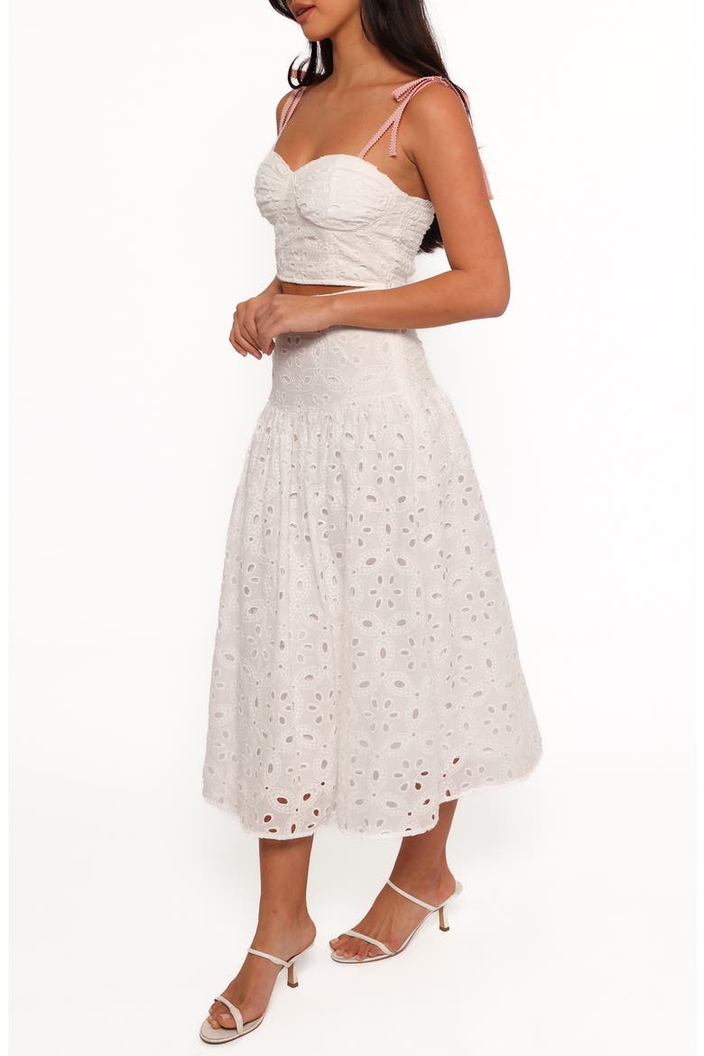 Kara Eyelet Cotton Bustier Crop Top & Maxi Skirt Set, Alternate, color, WHITE