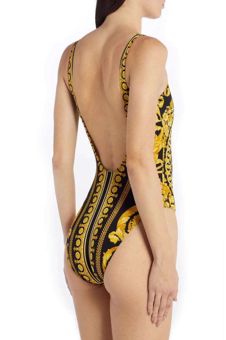 Barocco Print One-Piece Swimsuit, Alternate, color, BLACK/ GOLD