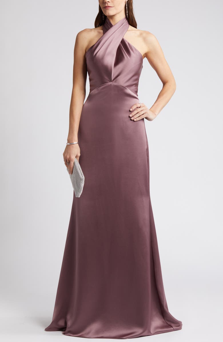 Amsale Halter Neck Satin Gown, Main, color, Mauve