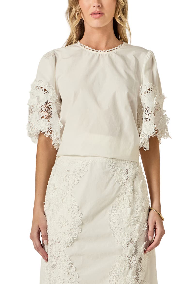 Open Stitch Puff Shoulder Top, Main, color, WHITE