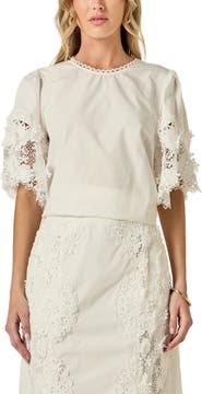 English Factory Open Stitch Puff Shoulder Top