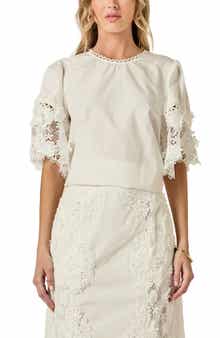 English Factory Open Stitch Puff Shoulder Top