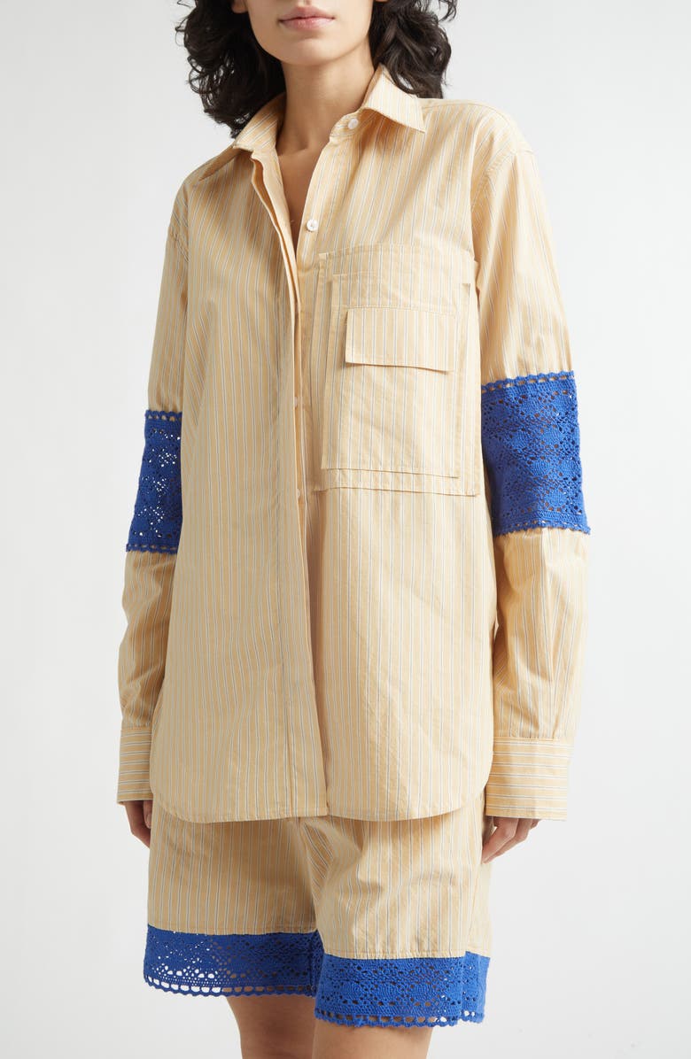 KÚR Oversize Stripe Organic Cotton Button-Up Shirt with Crochet Panels, Alternate, color, Beige