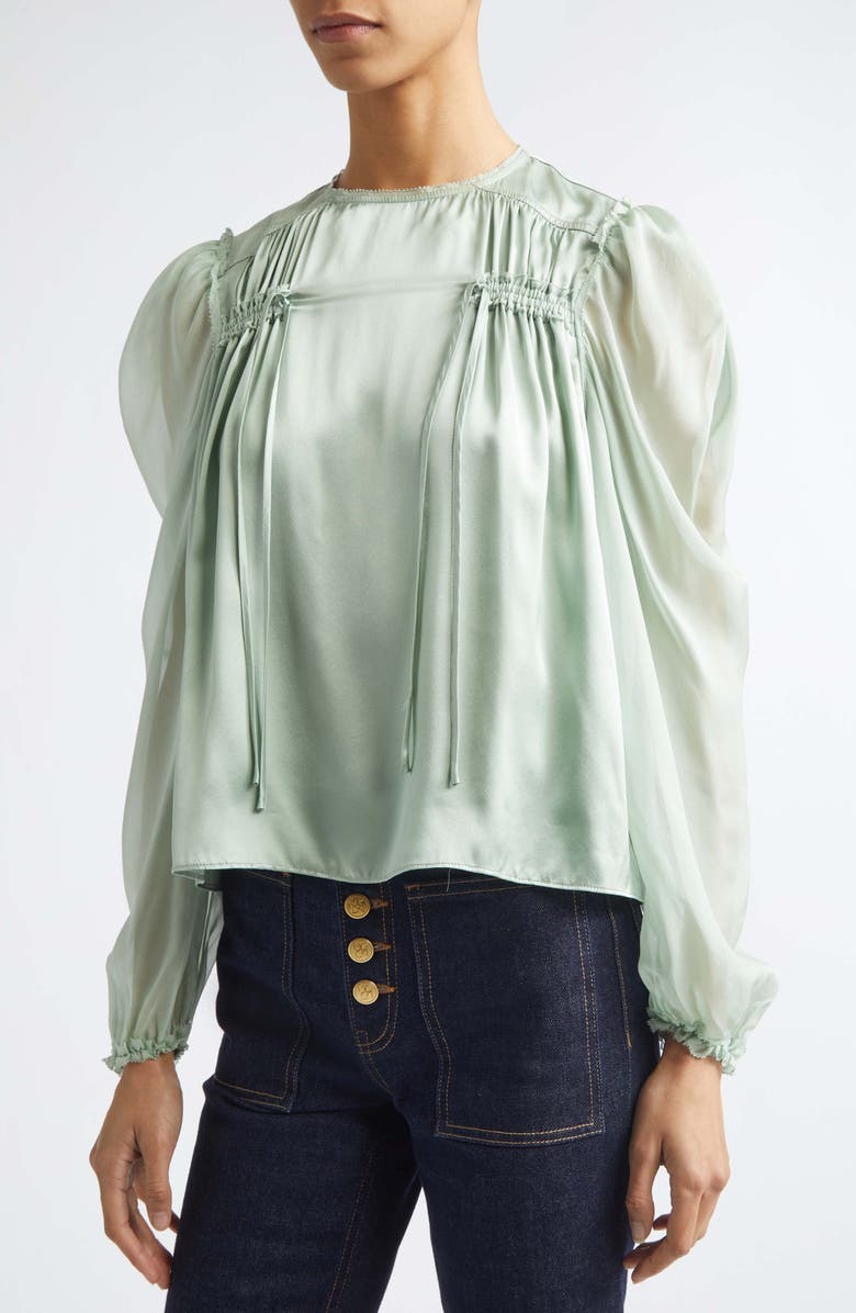 Ulla Johnson Odette Pleated Silk Sheer Balloon Sleeve Top, Alternate, color, Celadon