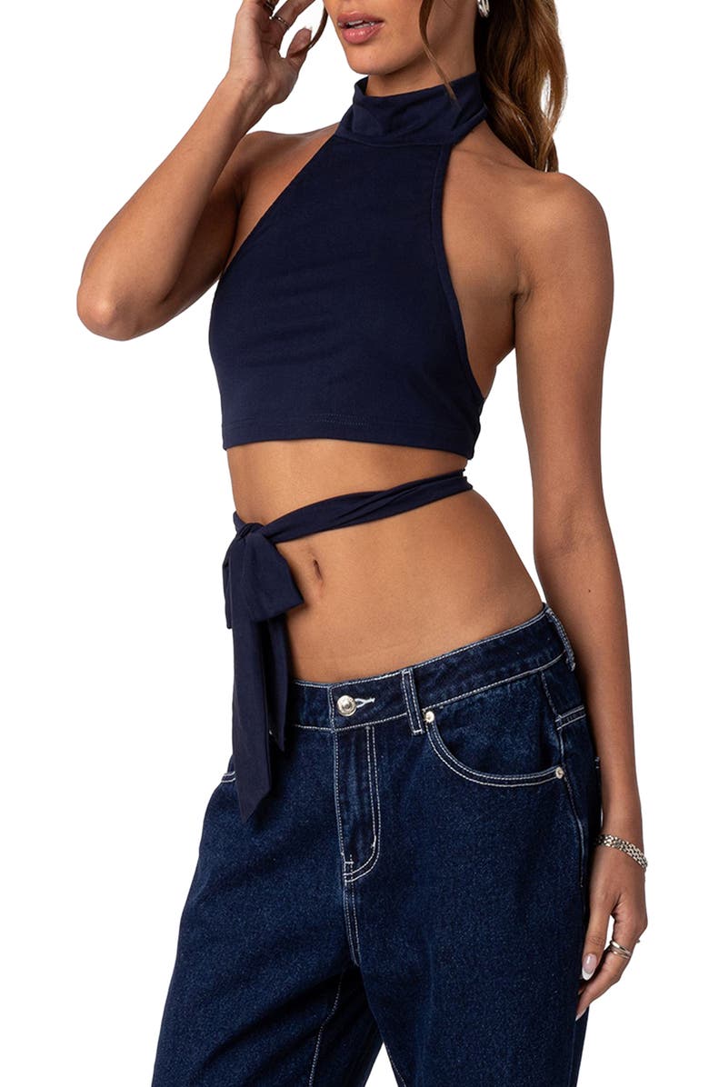 EDIKTED Hamlin Wrap Tie Halter Top, Alternate, color, Navy