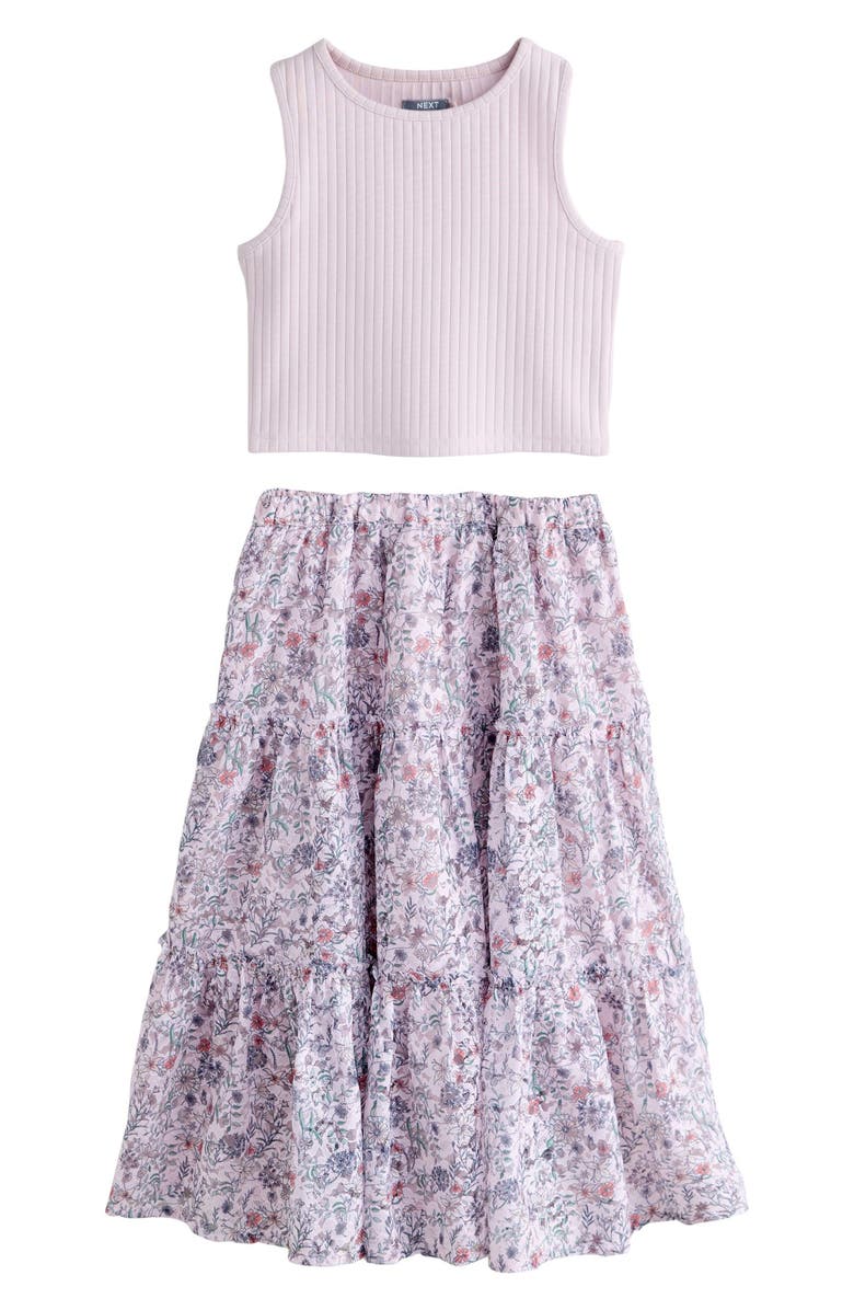 NEXT Kids' Rib Tank & Floral Skirt Set, Main, color, Purple