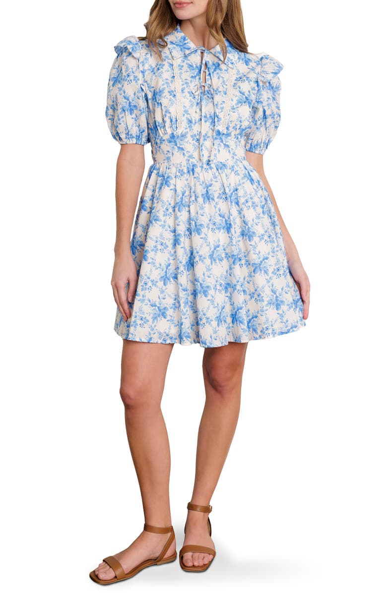 FLYING TOMATO Floral Print Collared Dress, Main, color, Off White/ Blue
