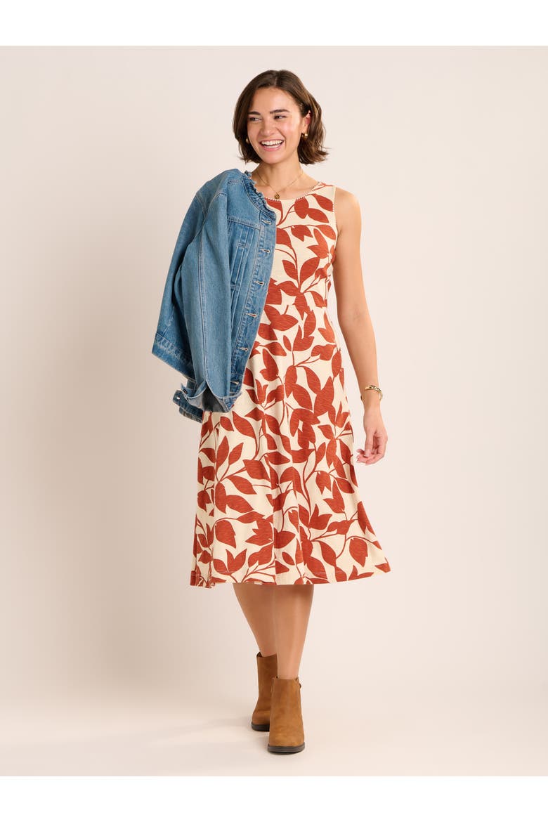 Adla Trailing Leaf Print Midi Dress, Alternate, color, Brown