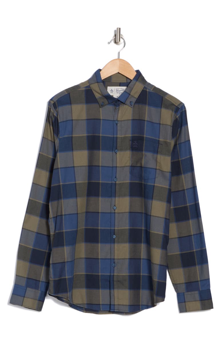 Original Penguin Plaid Cotton Blend Twill Button-Up Shirt, Alternate, color, Sargasso Sea