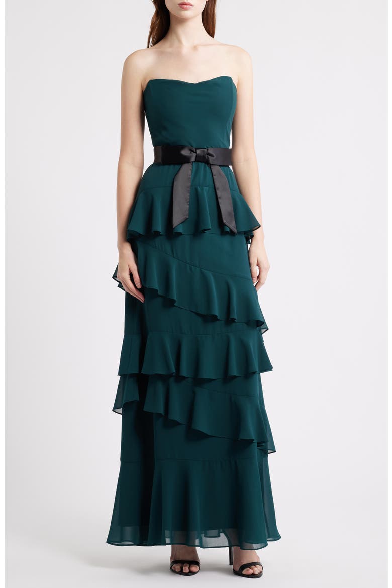 Amalia Strapless Ruffle Tiered Gown, Main, color, EMERALD