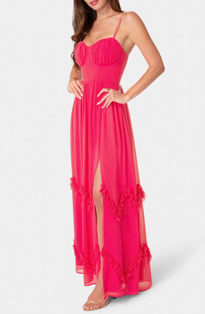 bebe Soft Ruffle Corset Maxi Dress, Alternate, color, Fuchsia
