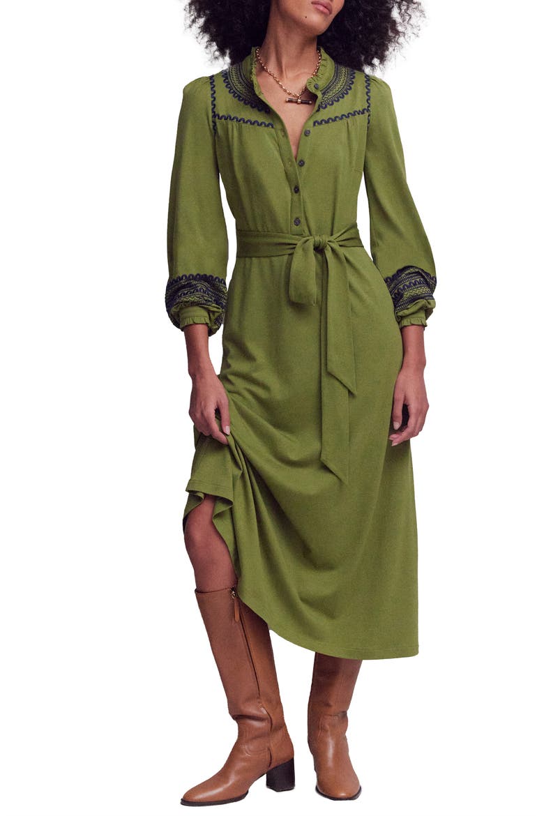 Embroidered Ruffle Trim Midi Shirtdress, Main, color, OLIVE