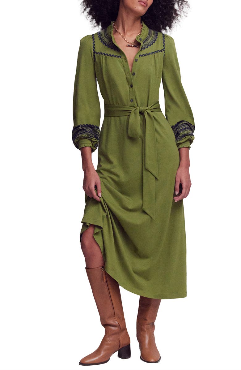 Boden Embroidered Ruffle Trim Midi Shirtdress, Main, color, Olive