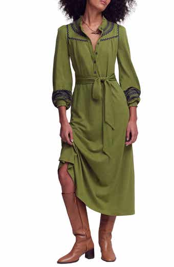 Embroidered Ruffle Trim Midi Shirtdress