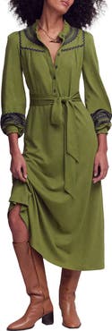Boden Embroidered Ruffle Trim Midi Shirtdress