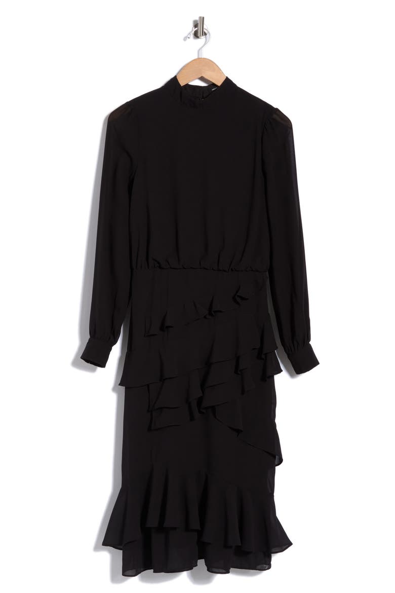 Evelyn Mock Neck Ruffle Long Sleeve Midi Dress, Alternate, color, BLACK