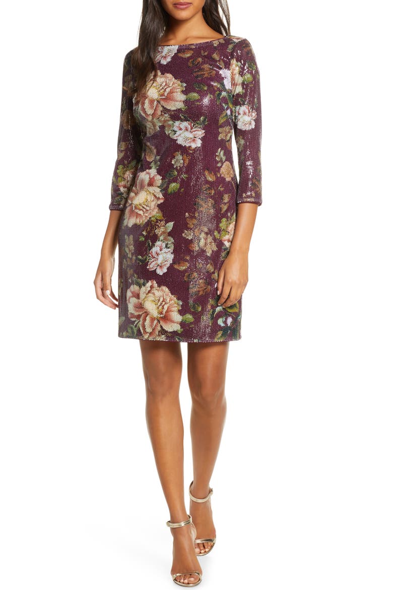 Floral Sequin Shift Dress, Main, color, WINE MULTI