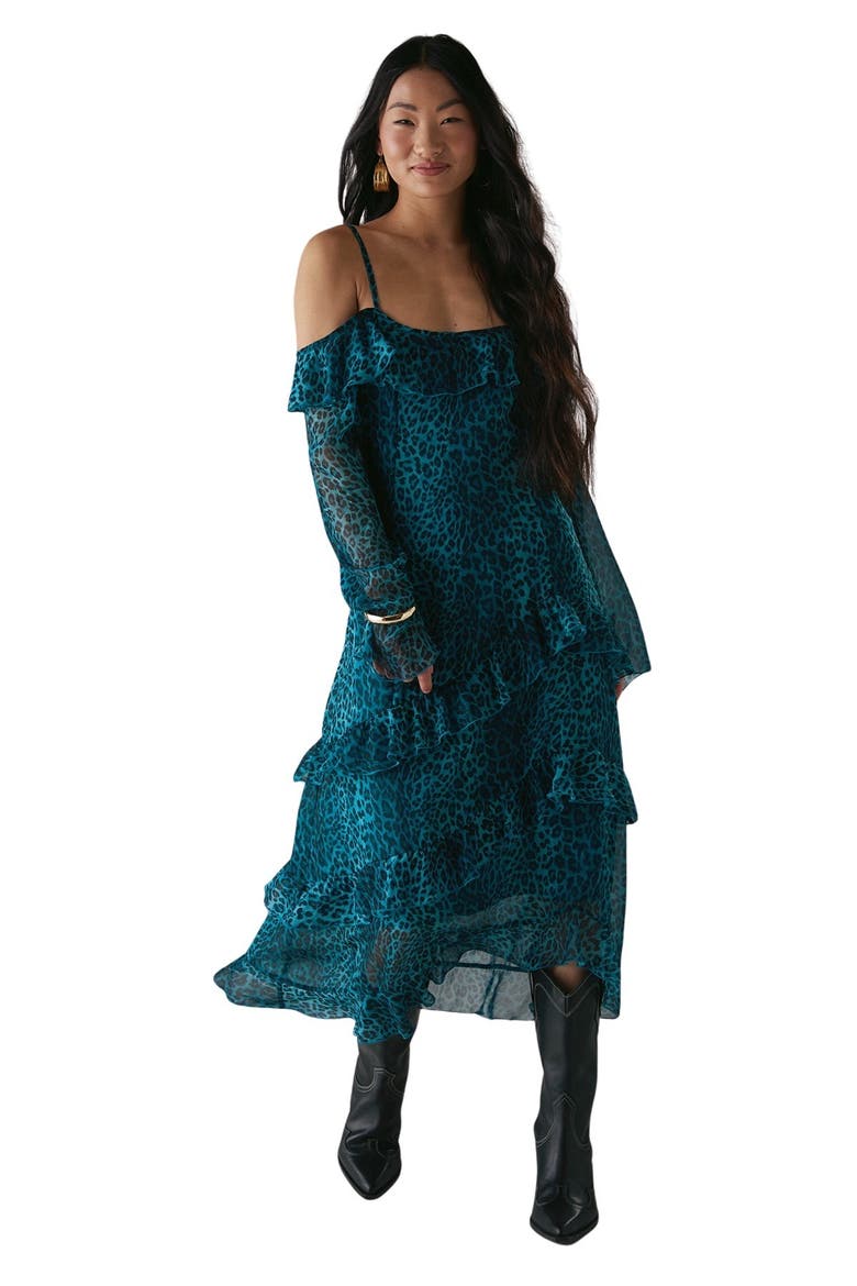Ruffle Cold Shoulder Midi Dress, Main, color, Leopard