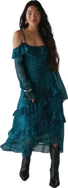Warehouse Ruffle Cold Shoulder Midi Dress