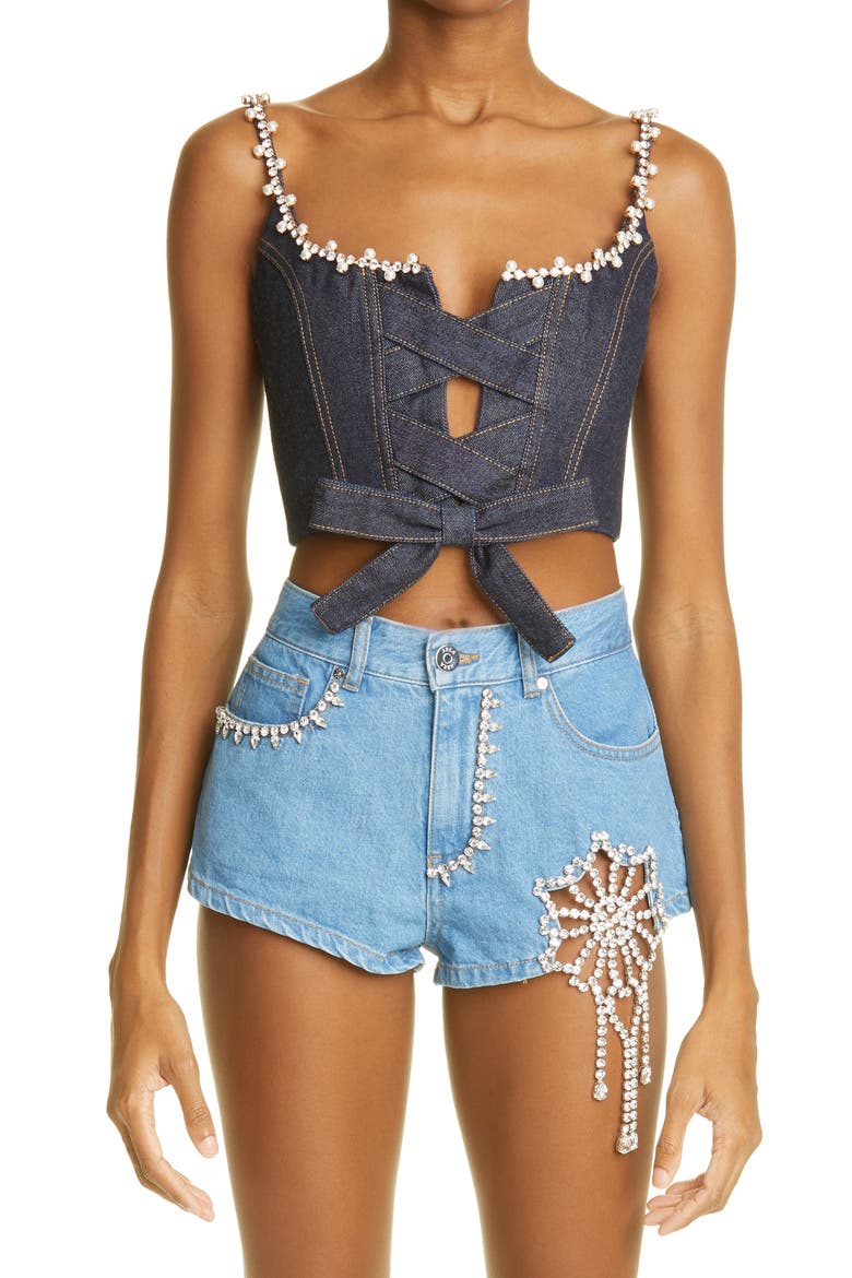 Crystal & Imitation Pearl Trim Denim Corset Top, Main, color, INDIGO