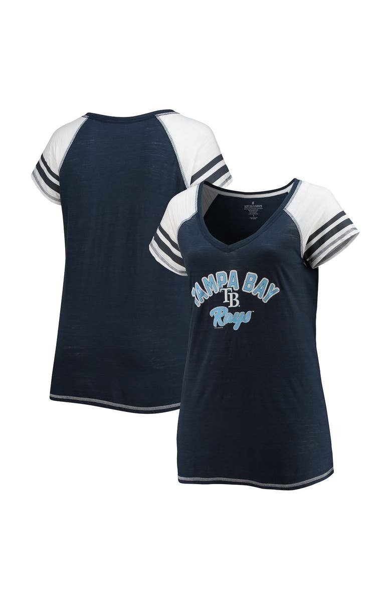 SOFT AS A GRAPE Women's Soft as a Grape Navy Tampa Bay Rays Curvy Colorblock Tri-Blend Raglan V-Neck T-Shirt, Main, color, 