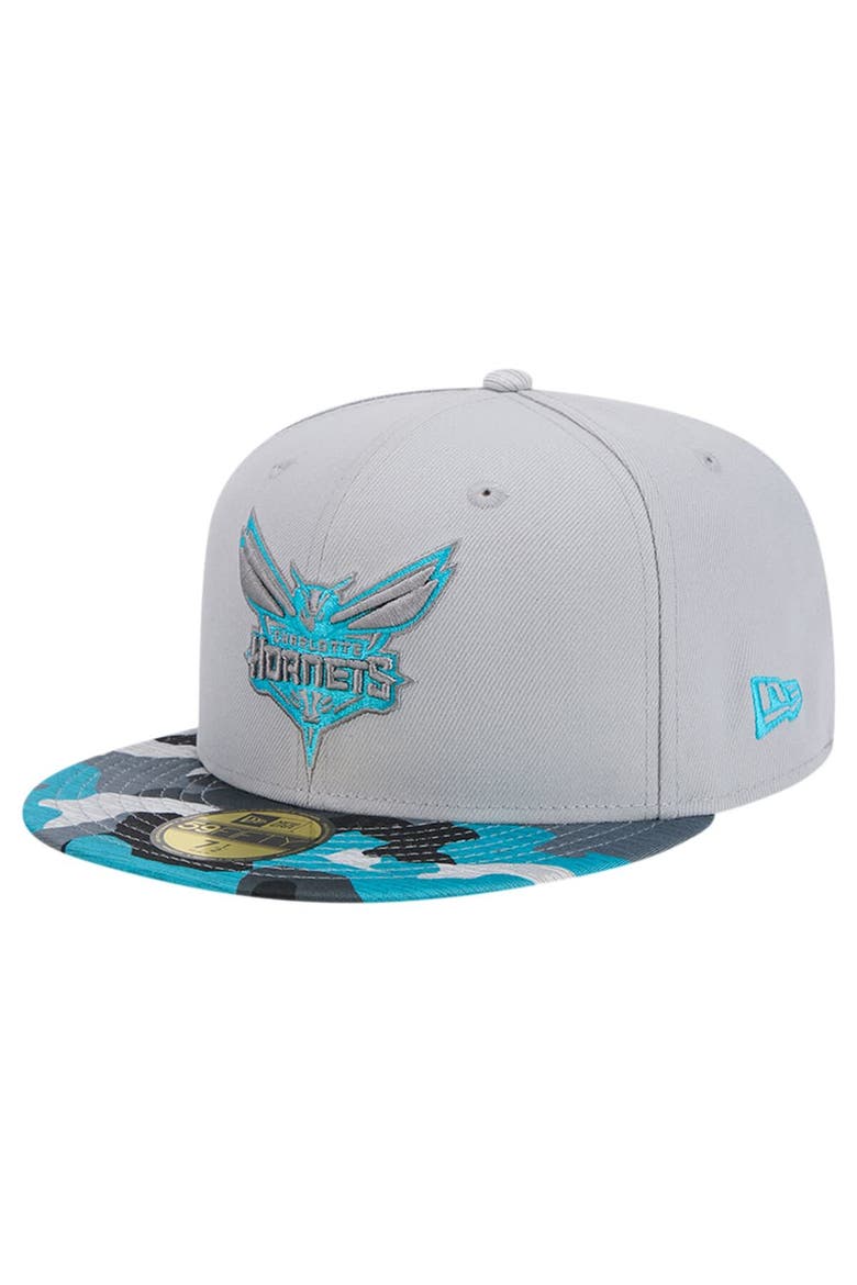 Men's New Era Gray Charlotte Hornets Active Color Camo Visor 59FIFTY Fitted Hat, Main, color, Gray