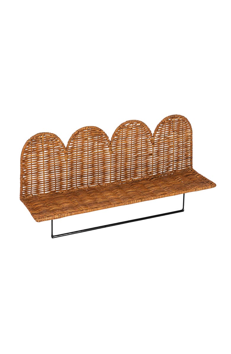 Storied Home Rattan Wicker Wall Shelf with Scalloped Edge and Metal Rod, Main, color, Natural