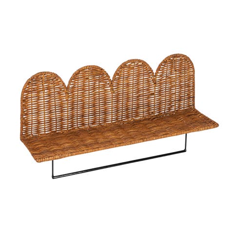 Rattan Wicker Wall Shelf with Scalloped Edge and Metal Rod