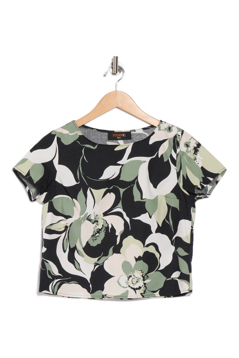 Floral Short Sleeve Cotton Blend Crop Top, Alternate, color, OLIVE MULTI