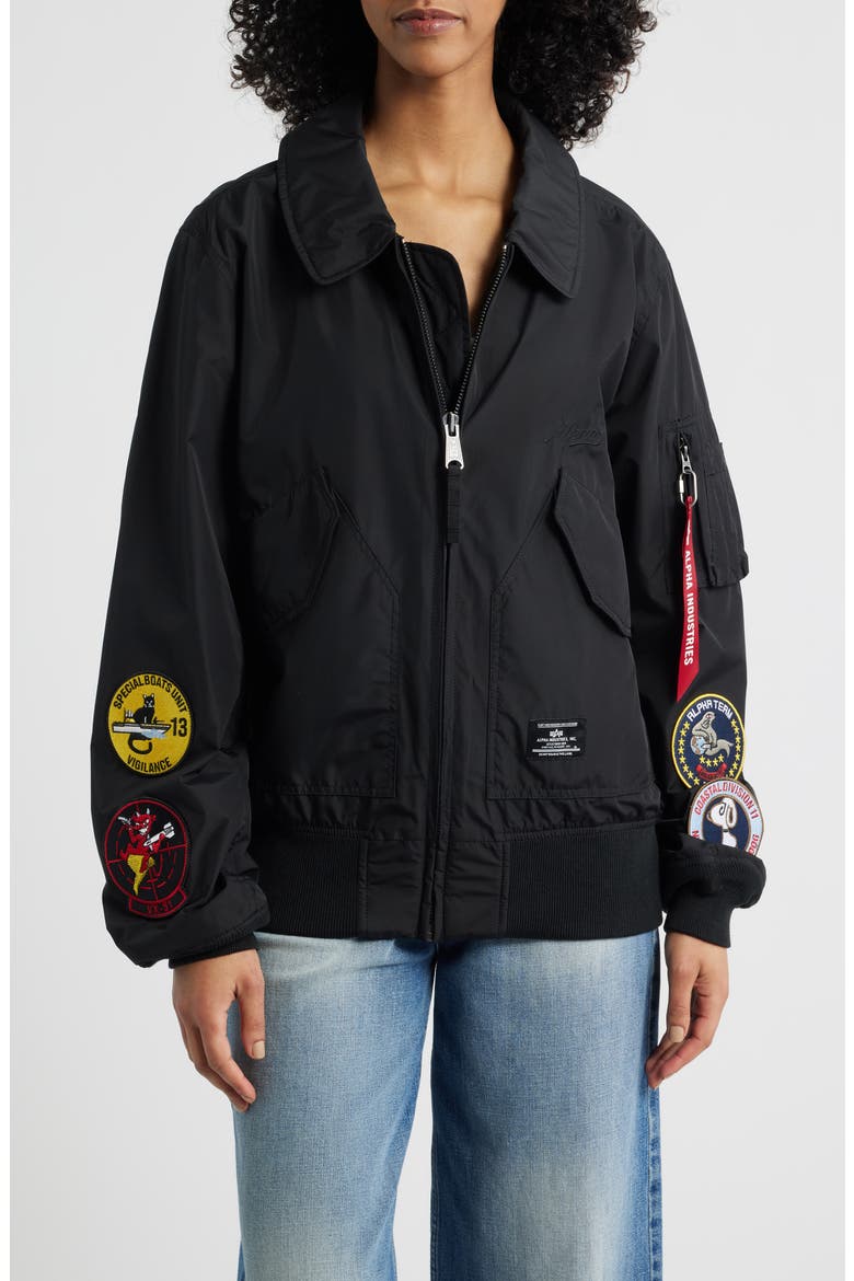 Patch Detail Relaxed Fit Flight Jacket, Alternate, color, BLACK