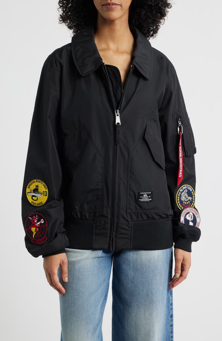Alpha Industries Patch Detail Relaxed Fit Flight Jacket, Alternate, color, Black