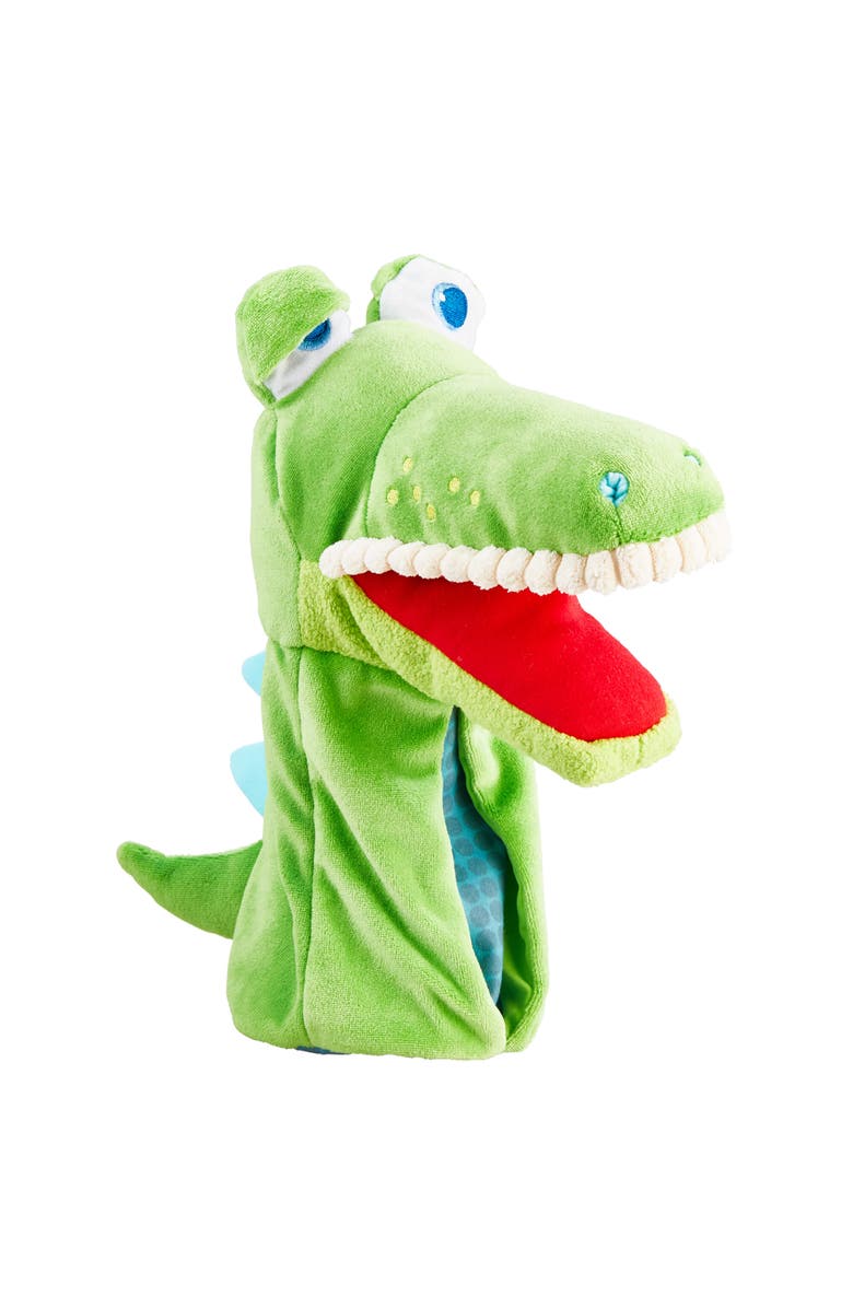 HABA Hand Puppet - Eat it Up Croco Interactive Puppet Show Toy with Belly Bag for Storytelling, Speech Therapy Toys and Pretend Play for 18 mo+, Alternate, color, Green Multi