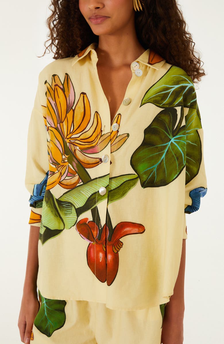 FARM Rio Fruit Print Linen Blend Button-Up Shirt, Alternate, color, Yellow