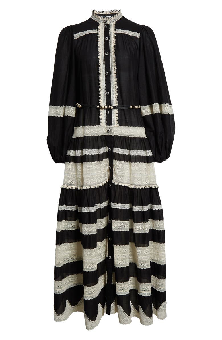 Zimmermann Rhiannon Lace Stripe Long Sleeve Billow Midi Shirtdress, Alternate, color, Black/ Cream
