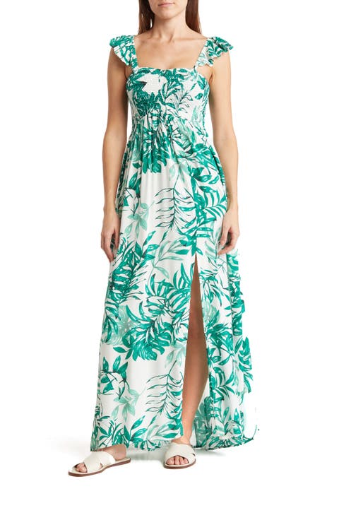 Smocked Off-the-Shoulder Maxi Swim Cover-Up