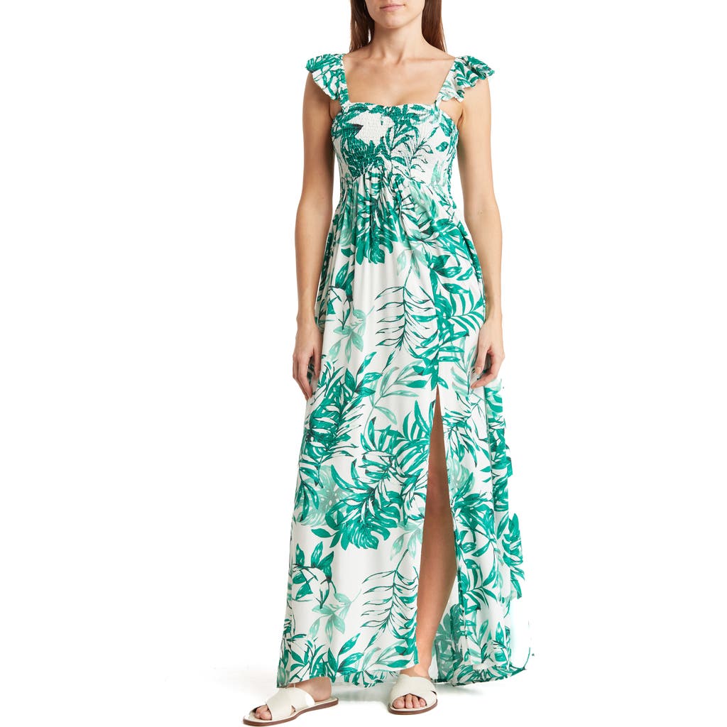 Boho Me Smocked Off-the-shoulder Maxi Swim Cover-up In Green Tropical