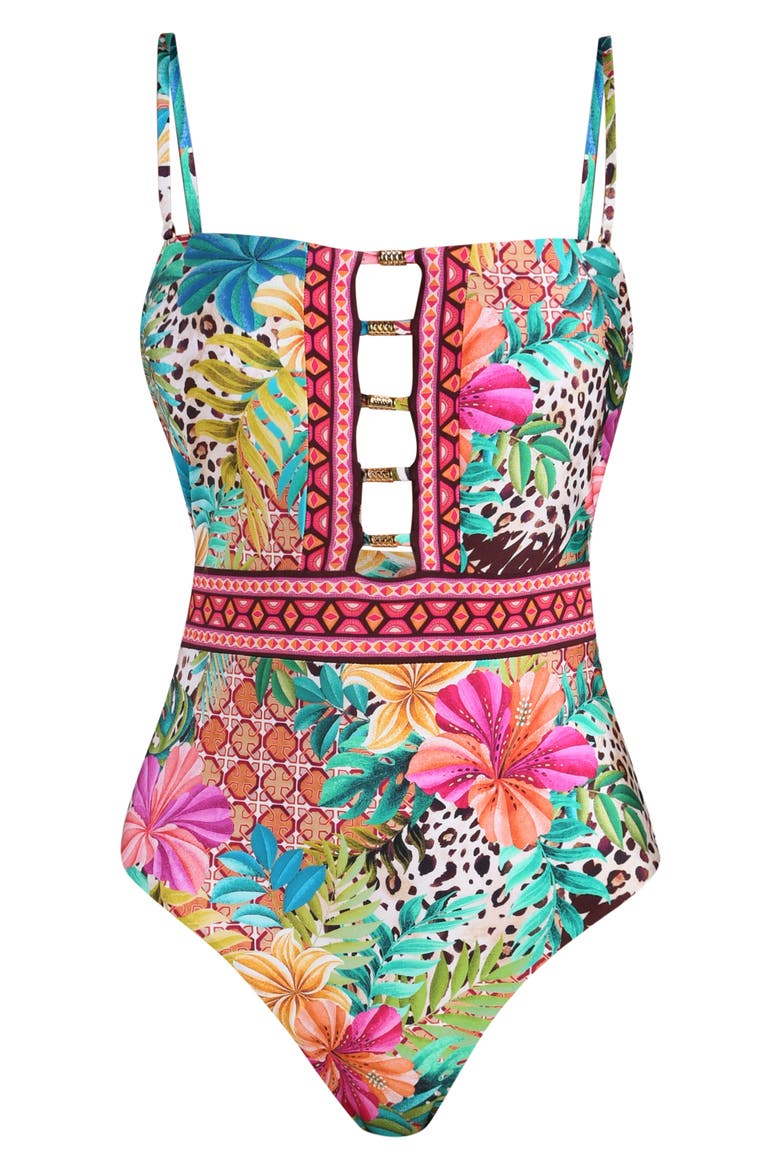 Paradise Heat Jewel Cutout One-Piece Swimsuit, Alternate, color, BLUE MULTI