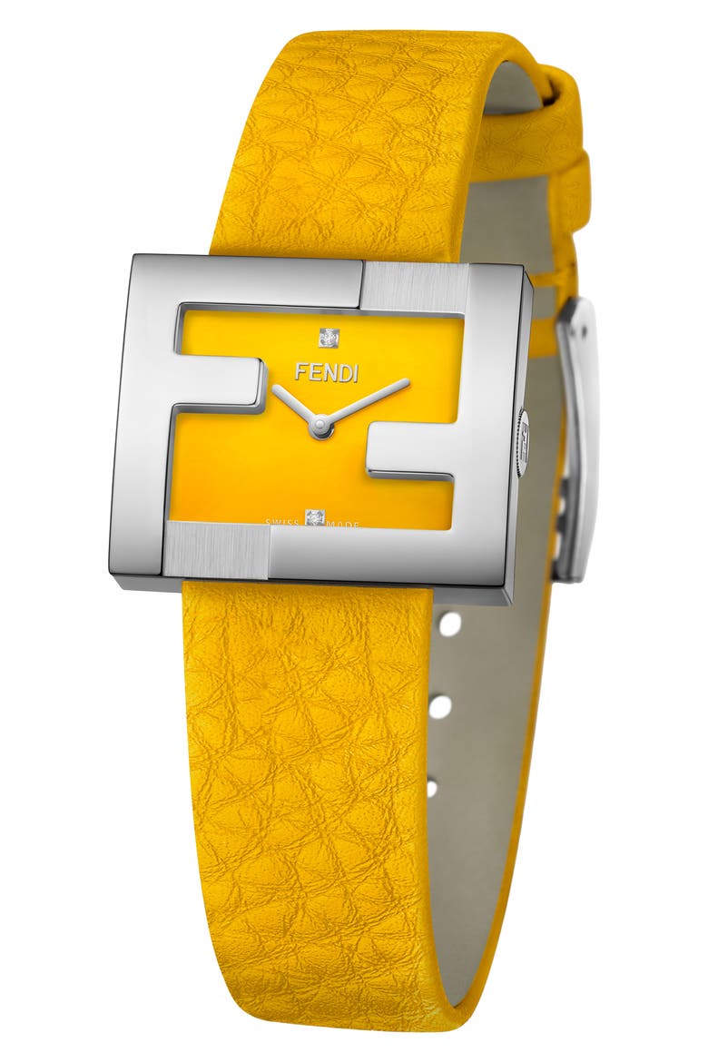 Fendimania Diamond Leather Strap Watch, 24mm x 20mm, Main, color, STAINLESS STEEL