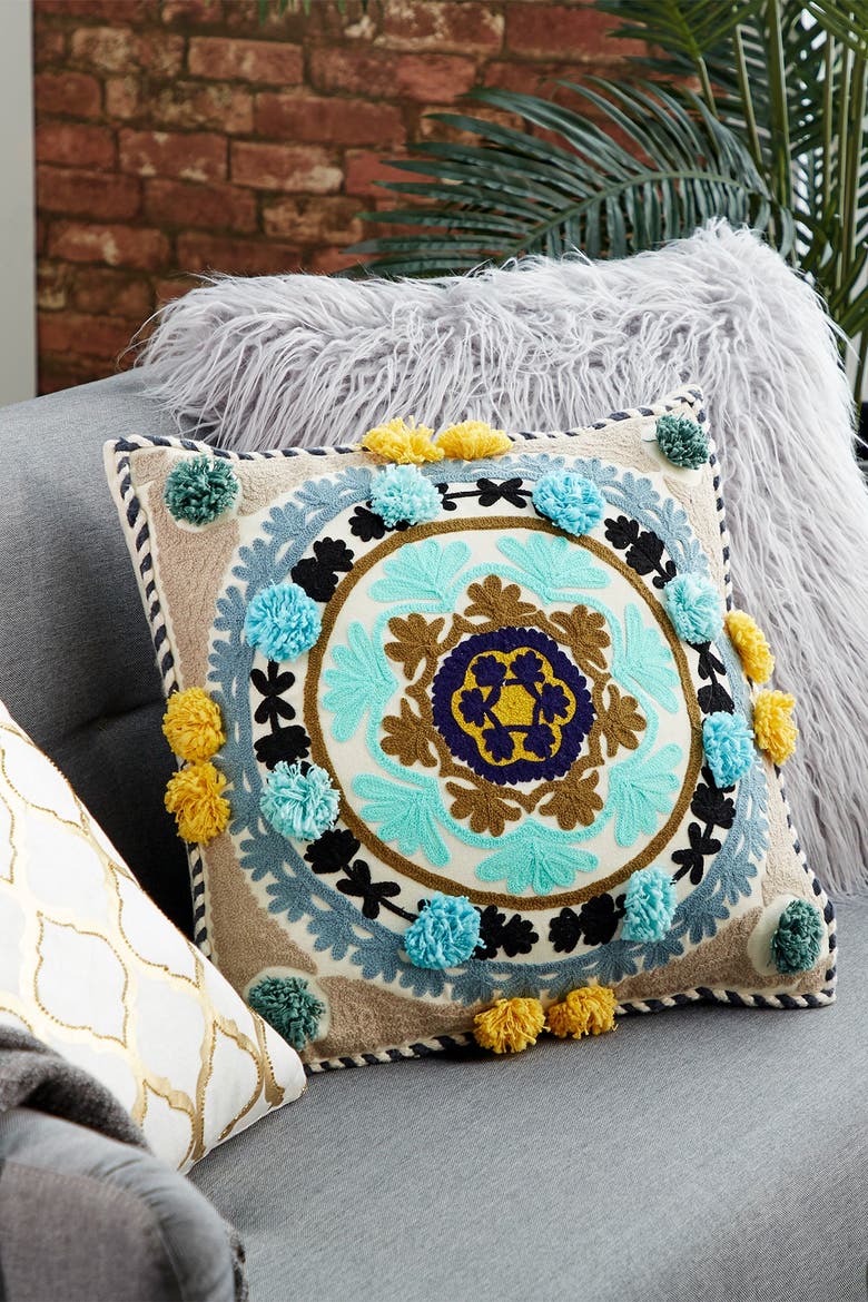 Decorative Multicolored Square Mandala Embroidered Throw Pillow, Alternate, color, MULTI