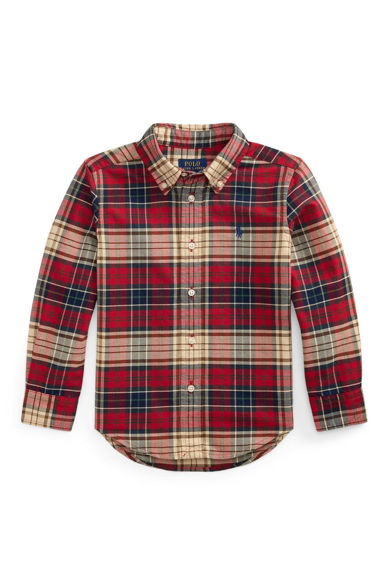 Kids' Cotton Oxford Button-Down Shirt, Main, color, RED NAVY MULTI