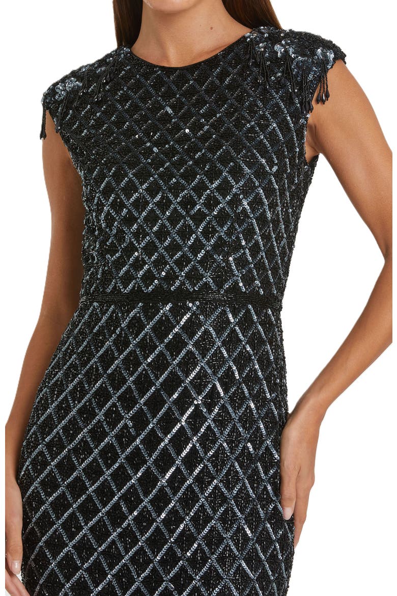 Fringe Detailed High Neck Cap Sleeve Midi Dress, Alternate, color, Black