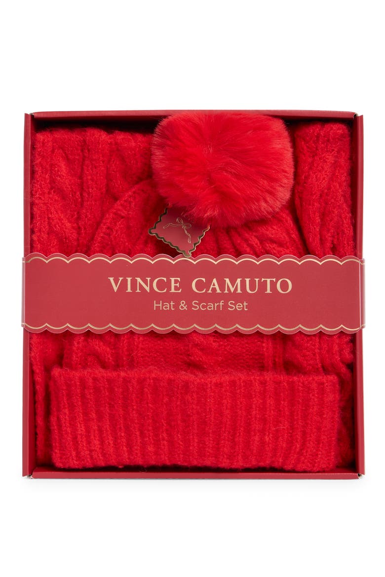Cable Stitch Scarf & Faux Fur Pompom Beanie Set, Main, color, RED