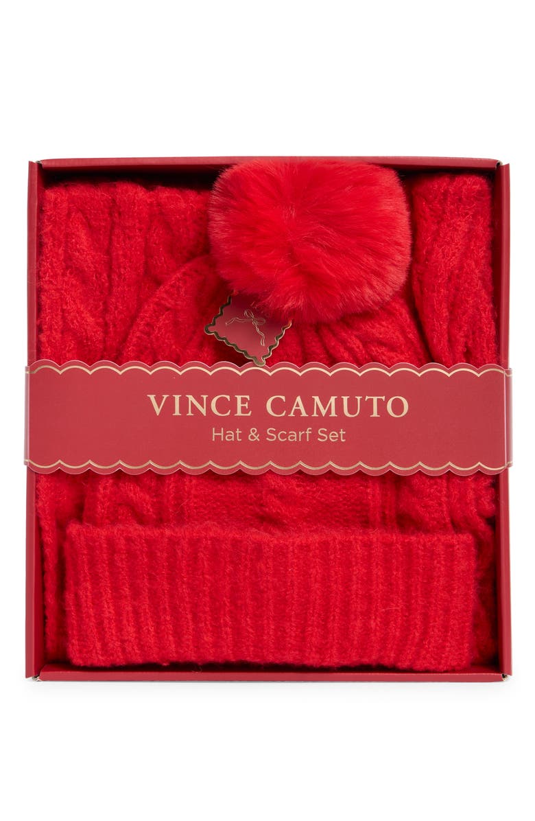 Vince Camuto Cable Stitch Scarf & Faux Fur Pompom Beanie Set, Main, color, Red