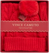 Vince Camuto Cable Stitch Scarf & Faux Fur Pompom Beanie Set
