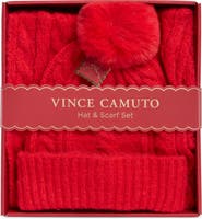 Vince Camuto Cable Stitch Scarf & Faux Fur Pompom Beanie Set