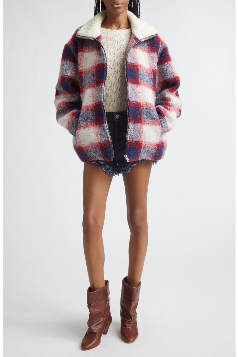 Gimoa Buffalo Plaid Virgin Wool Blend Coat, Alternate, color, RED/MIDNIGHT - RDMI