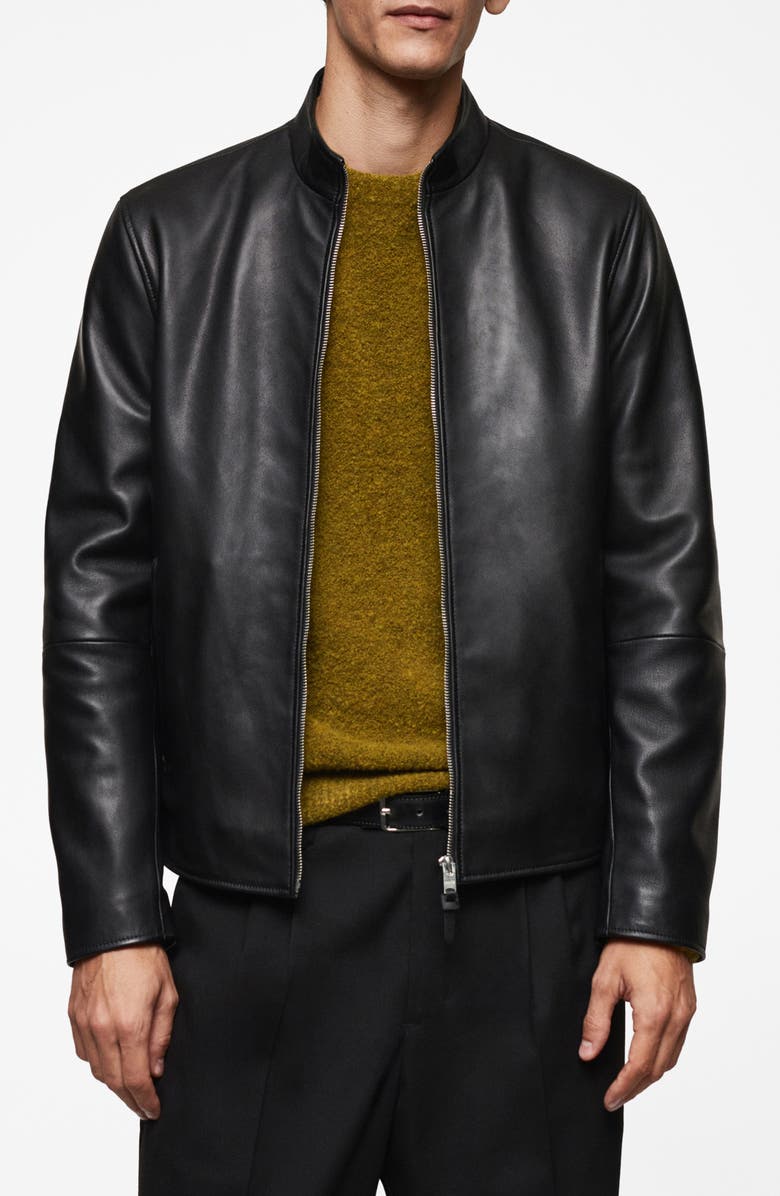 MANGO Leather Biker Jacket, Main, color, 