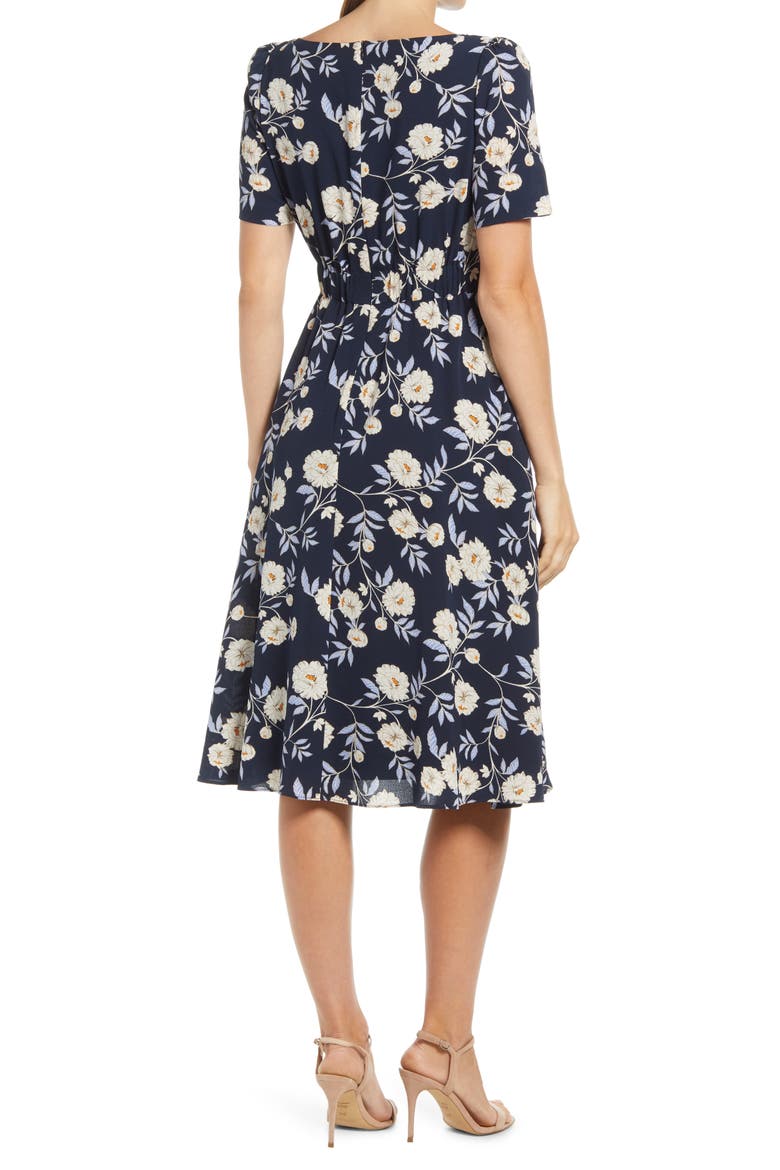 Floral Puff Sleeve Fit & Flare Dress, Alternate, color, NAVY