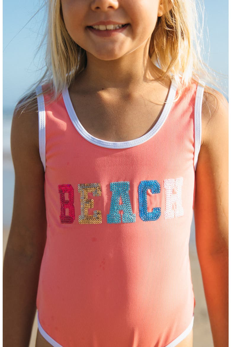 Kids' Wave Break UPF 50+ One-Piece Swimsuit, Alternate, color, CORAL SUN